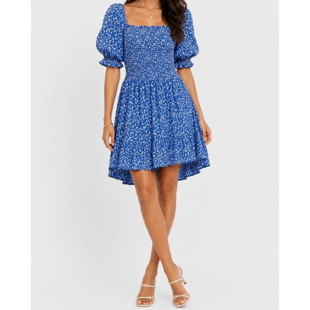 Hyacinth House Puff Sleeve Smocked Ditsy Floral Mini Dress Blue NWT L Cottage